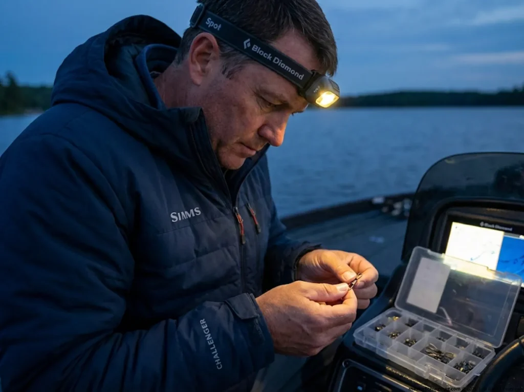Angler inspecting SPRO snap swivel under headlamp at dusk — terminal tackle maintenance and failure inspection    