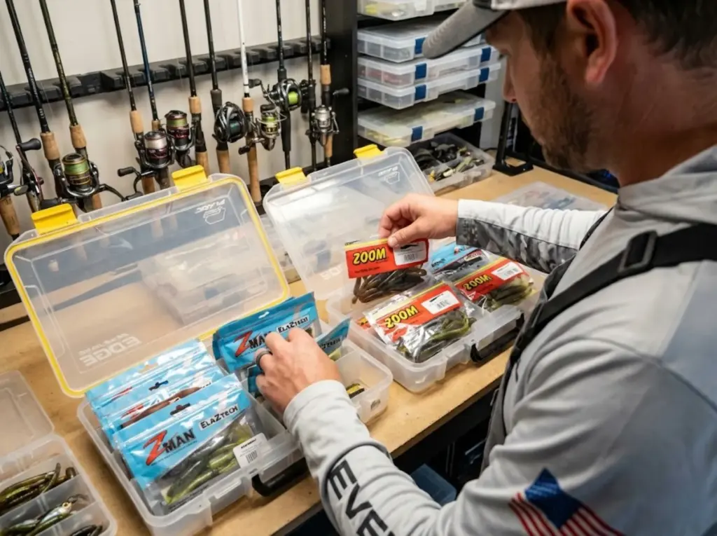 Angler organizing Z-Man and Zoom soft plastics in separate Plano containers for storage safety