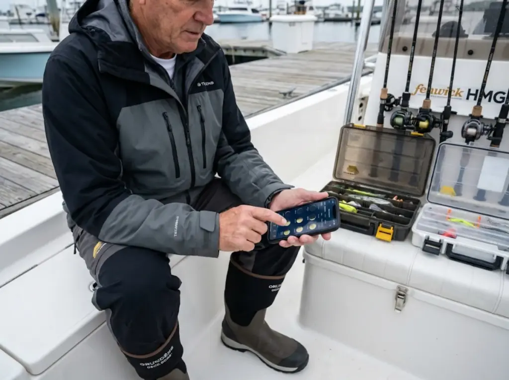 Experienced angler checking solunar calendar app to time fishing around major periods 