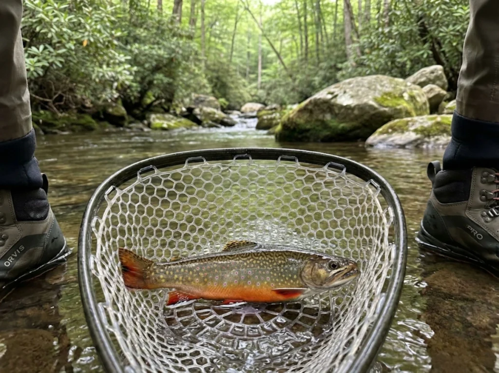 Southern Appalachian strain native brook trout in rubber net showing distinctive coloring