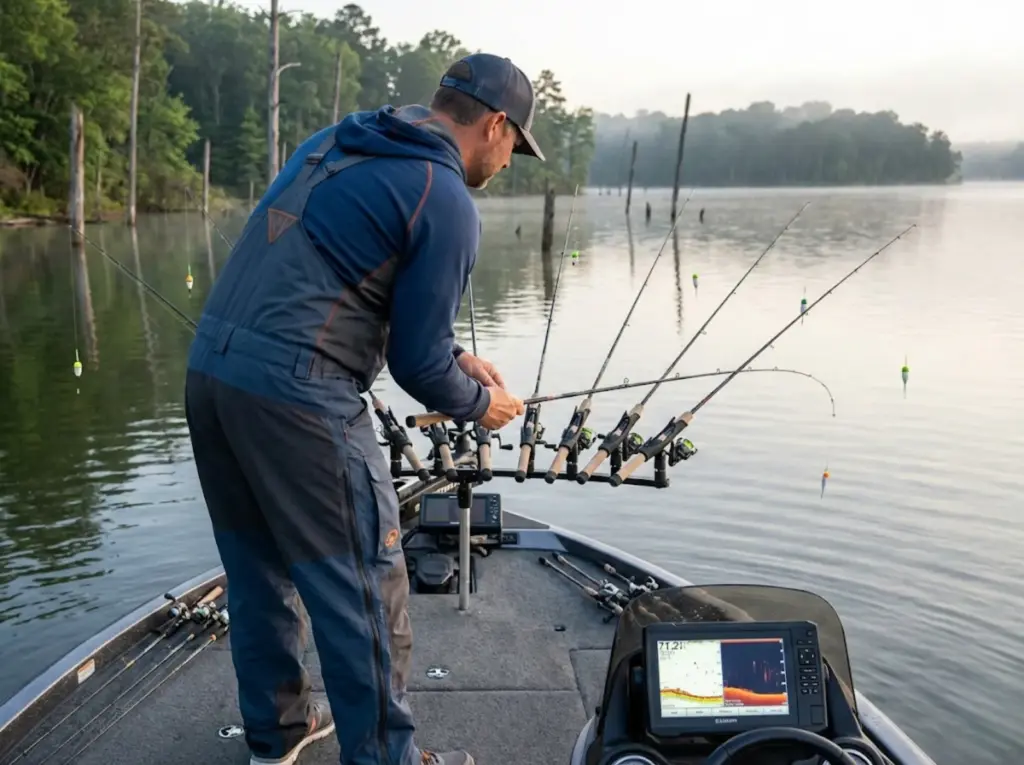 Crappie guide spider rigging with eight rods fanned out over timber-studded lake at dawn