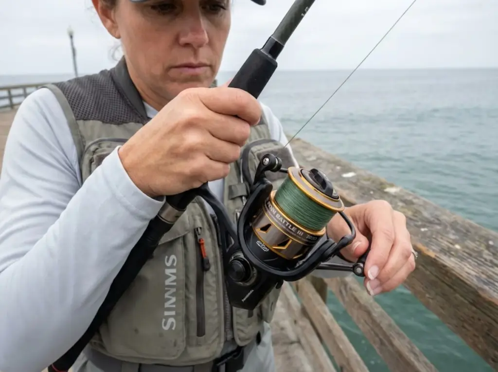 Angler watching line feed through spinning reel roller on coastal pier