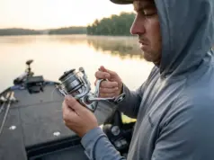 Why Your Spinning Reel Twists Line (And 5 Field-Tested Fixes) Angler examining severe line twist bird nest on spinning reel spool at dawn