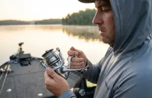 Why Your Spinning Reel Twists Line (And 5 Field-Tested Fixes) Angler examining severe line twist bird nest on spinning reel spool at dawn