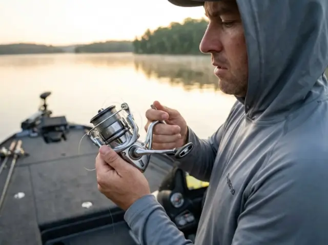 spinning-reel-line-twist-birds-nest Angler examining severe line twist bird nest on spinning reel spool at dawn