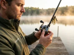 Your Spool Tension Is Wrong and It Shows Angler adjusting Daiwa baitcaster spool tension knob at dawn on a freshwater dock