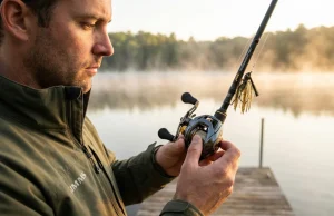 Your Spool Tension Is Wrong and It Shows Angler adjusting Daiwa baitcaster spool tension knob at dawn on a freshwater dock