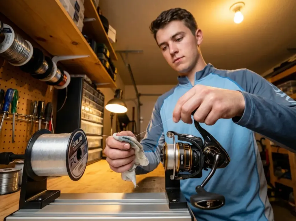 Angler spooling fluorocarbon line onto spinning reel with proper tension