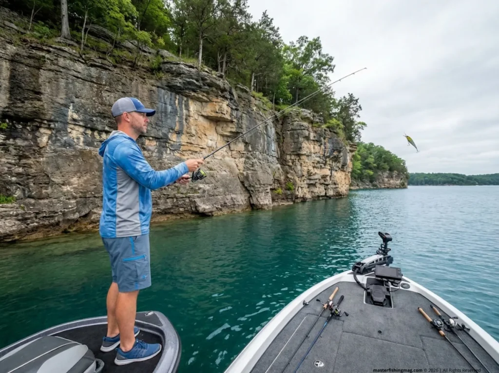 Angler casting toward a rocky bluff wall on a clear-water reservoir — prime spotted bass habitat