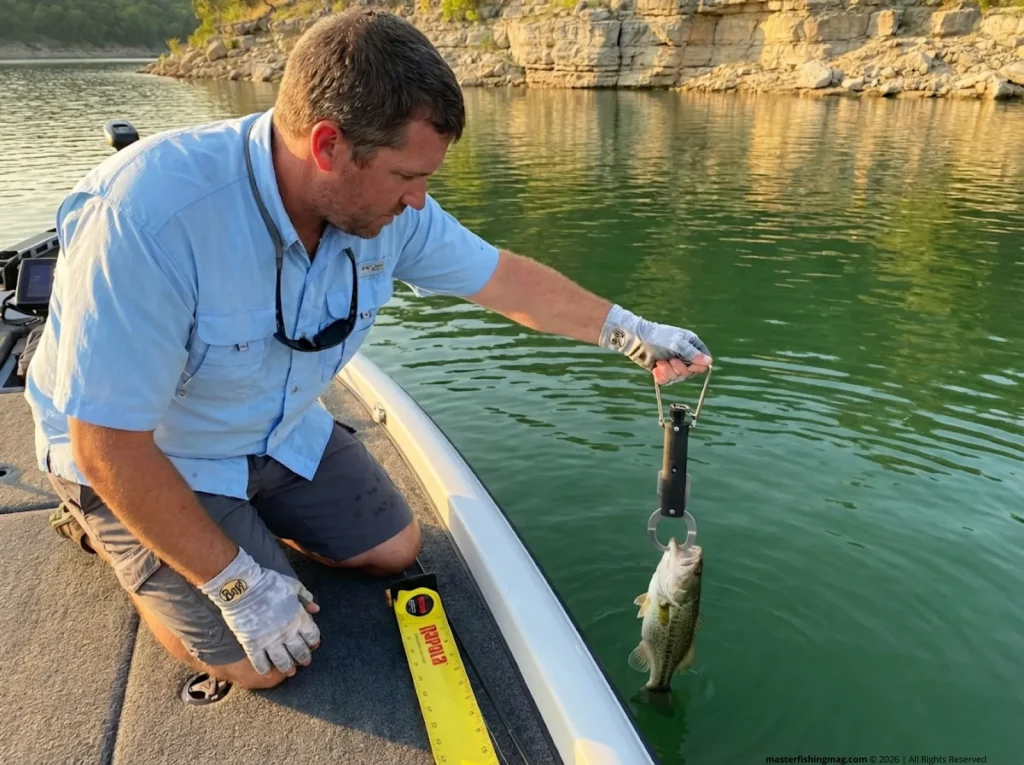 Angler releasing a spotted bass with a SeaQualizer descending device — ethical deep-water catch and release