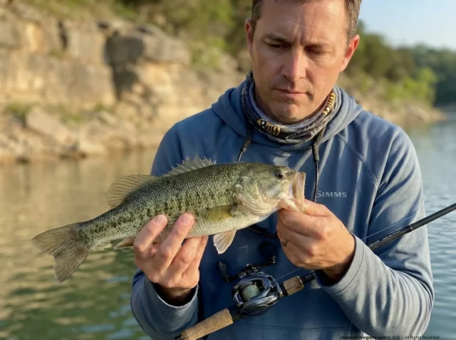 spotted-bass-identification-hero Angler holding a spotted bass over rocky reservoir water — identifying the species up close