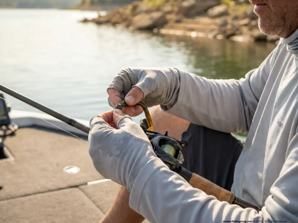 Experienced angler rigging a small shaky head worm — spotted bass respond to finesse presentations
