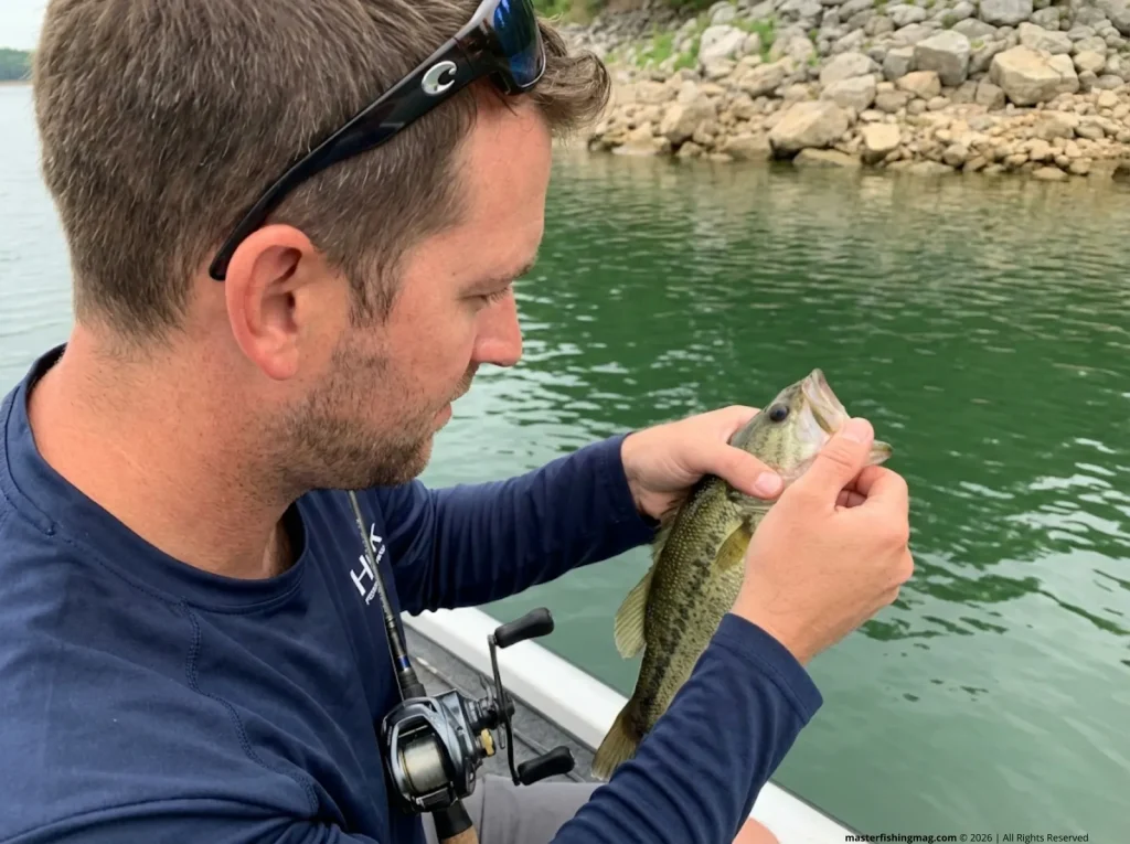 Angler checking the tongue tooth patch of a spotted bass to confirm species identification