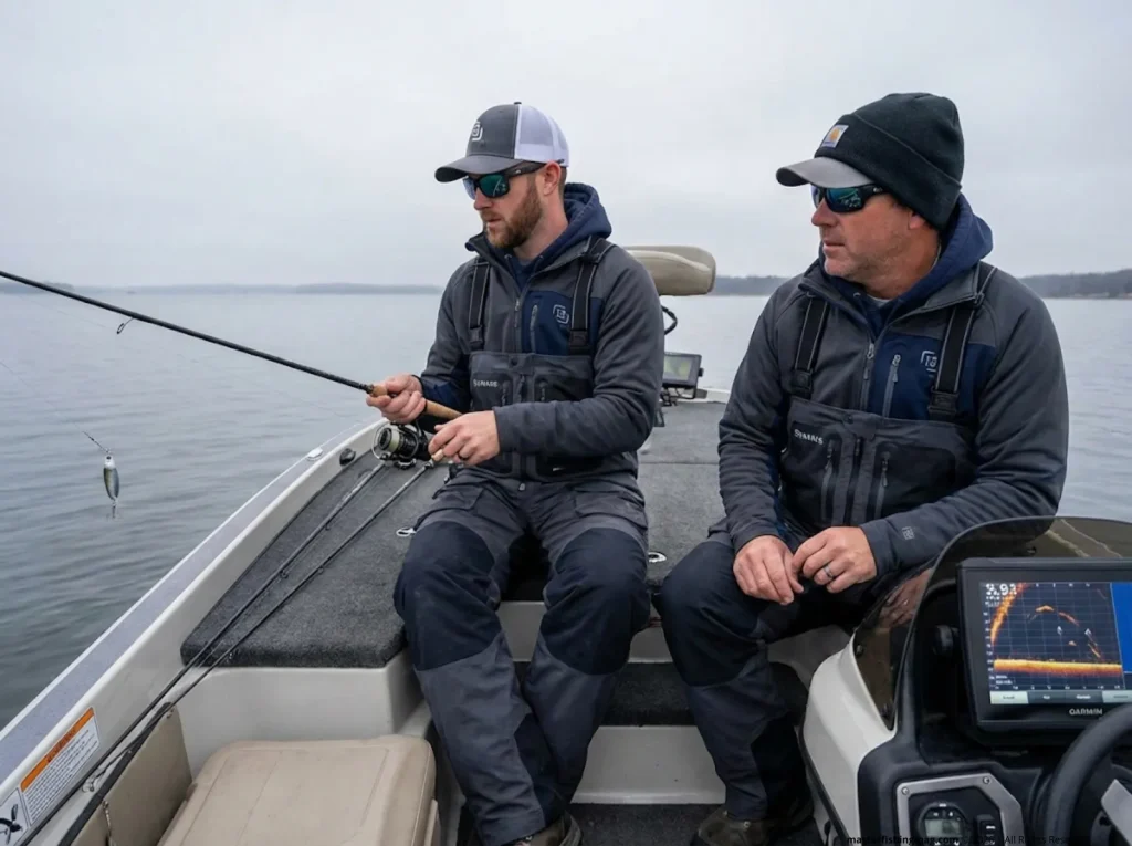 Angler vertical jigging deep water while partner monitors fish on Garmin LiveScope — winter spotted bass tactics