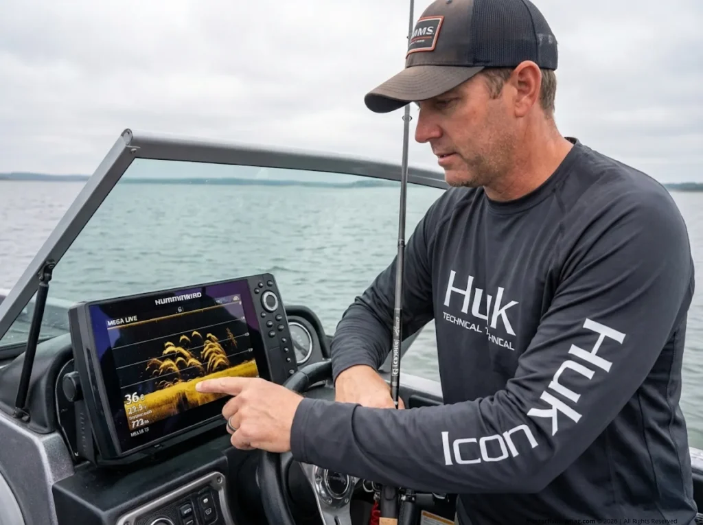 Angler reading Humminbird Mega Live forward-facing sonar screen showing suspended spotted bass wolfpack
