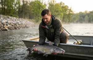 I Tracked Spring Catfish to Their Spawning Grounds Angler releasing a spring catfish near riprap spawning habitat on a misty river at dawn