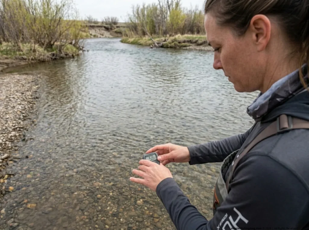 Angler checking water temperature at a shallow river flat during spring catfish pre-spawn 