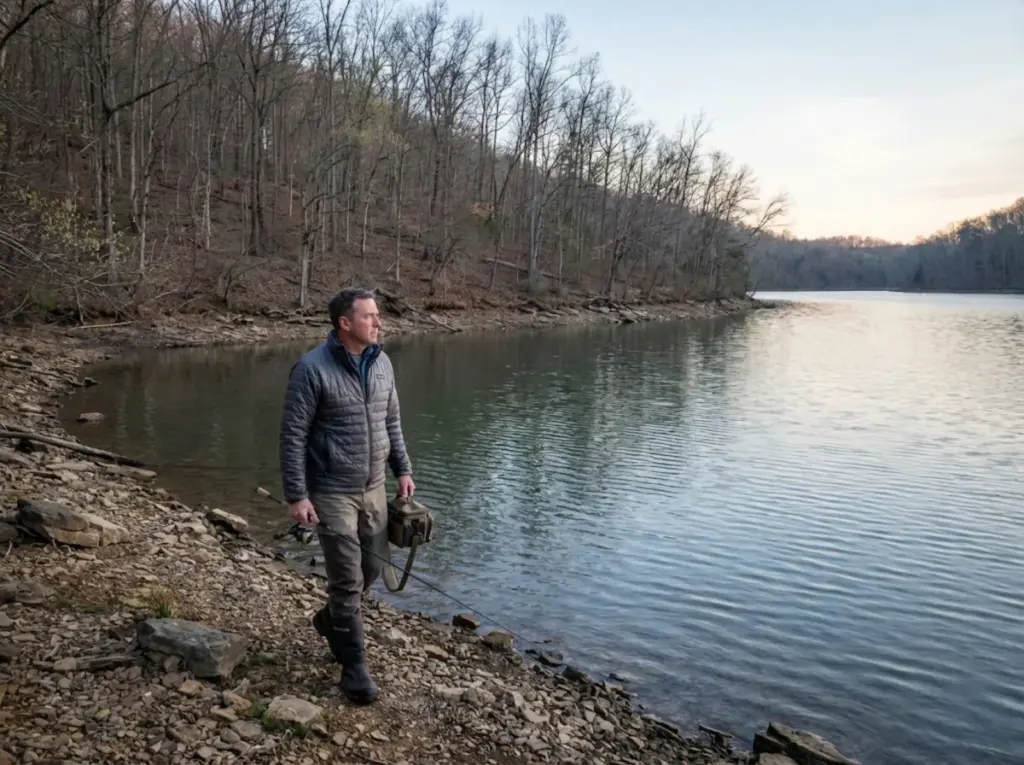 Angler scouting south-facing spring cove for warm water staging areas at dawn