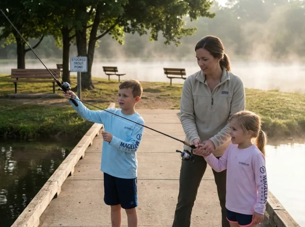  Mother and two children casting from a stocked pond pier engineered for easy fishing success