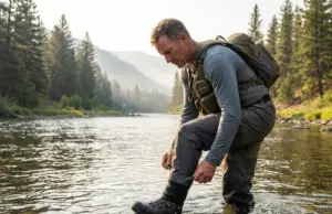 Stockingfoot or Bootfoot? What Guides Actually Wear Fly fishing guide adjusting Simms stockingfoot waders in Montana river at sunrise