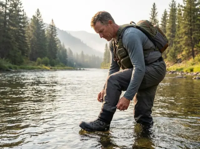 stockingfoot-bootfoot-waders-guide-comparison Fly fishing guide adjusting Simms stockingfoot waders in Montana river at sunrise