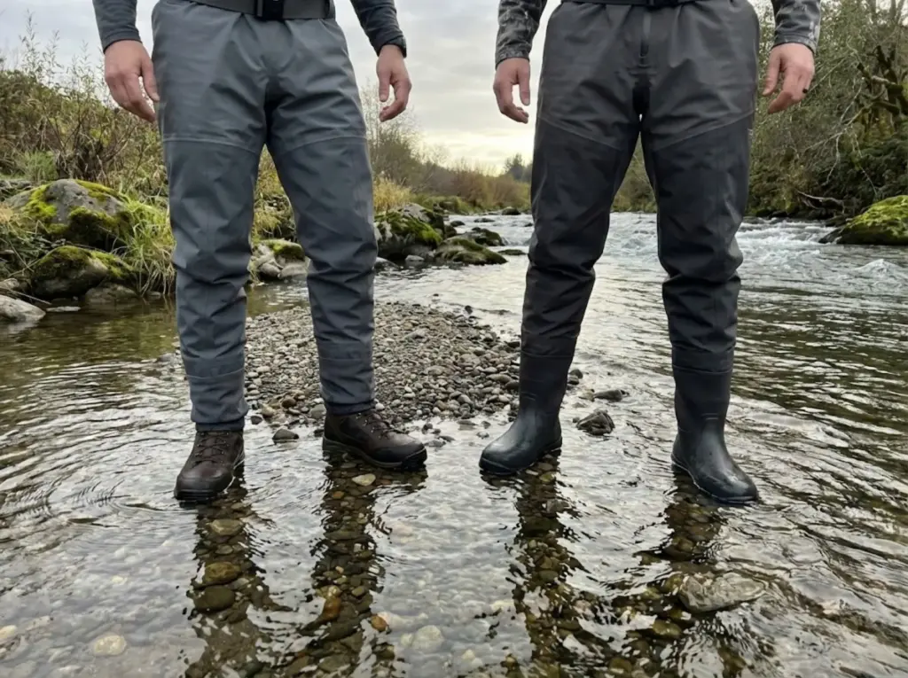 Stockingfoot waders with separate boots next to bootfoot waders in river comparison