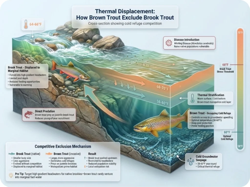 Cross-section diagram of stream showing thermal stratification with brown trout occupying cold groundwater refuge zone and brook trout displaced to marginal high-gradient headwater with temperature gradient overlay.