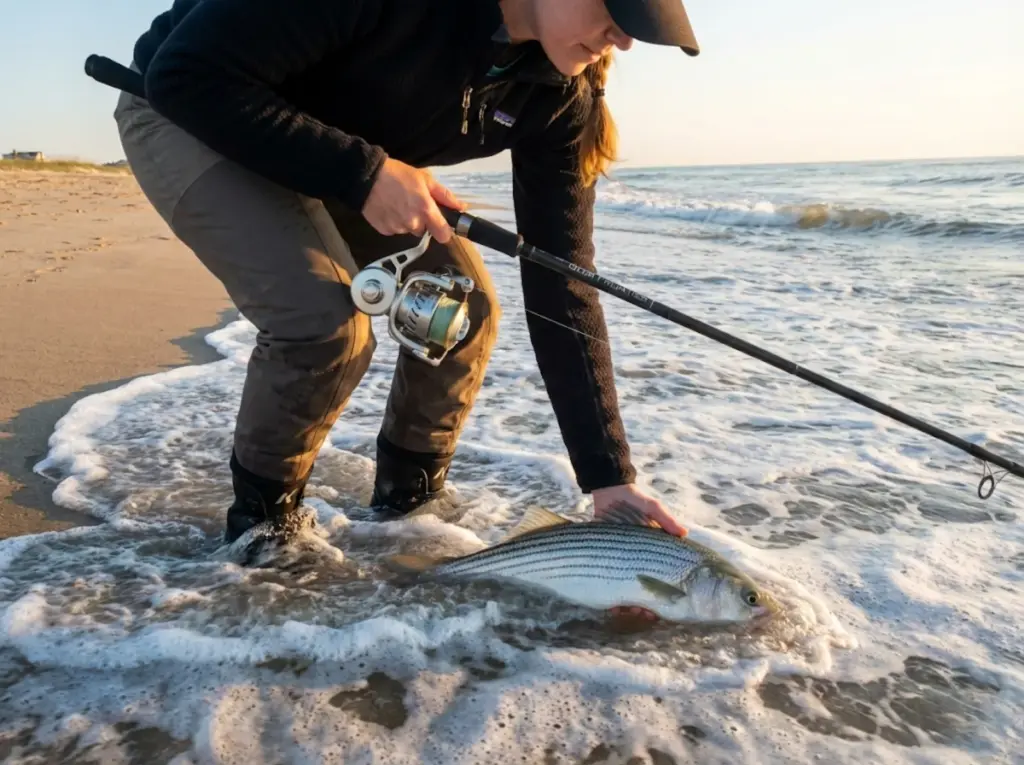 Surf angler releasing striped bass at dawn applying species-specific moon phase tactics 