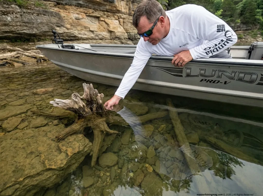 Angler examining submerged stump on rocky structure point in clear Ozark reservoir