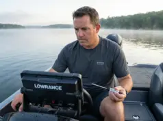 Surface Temps Lie When You Fish Deeper Water Angler checking water temperature at depth with Fish Hawk probe and Lowrance fish finder on summer lake