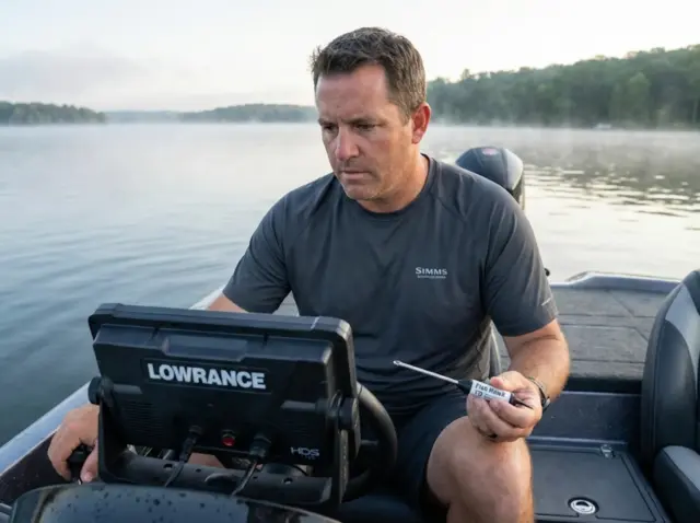 surface-temps-depth-temperature-fishing-hero Angler checking water temperature at depth with Fish Hawk probe and Lowrance fish finder on summer lake