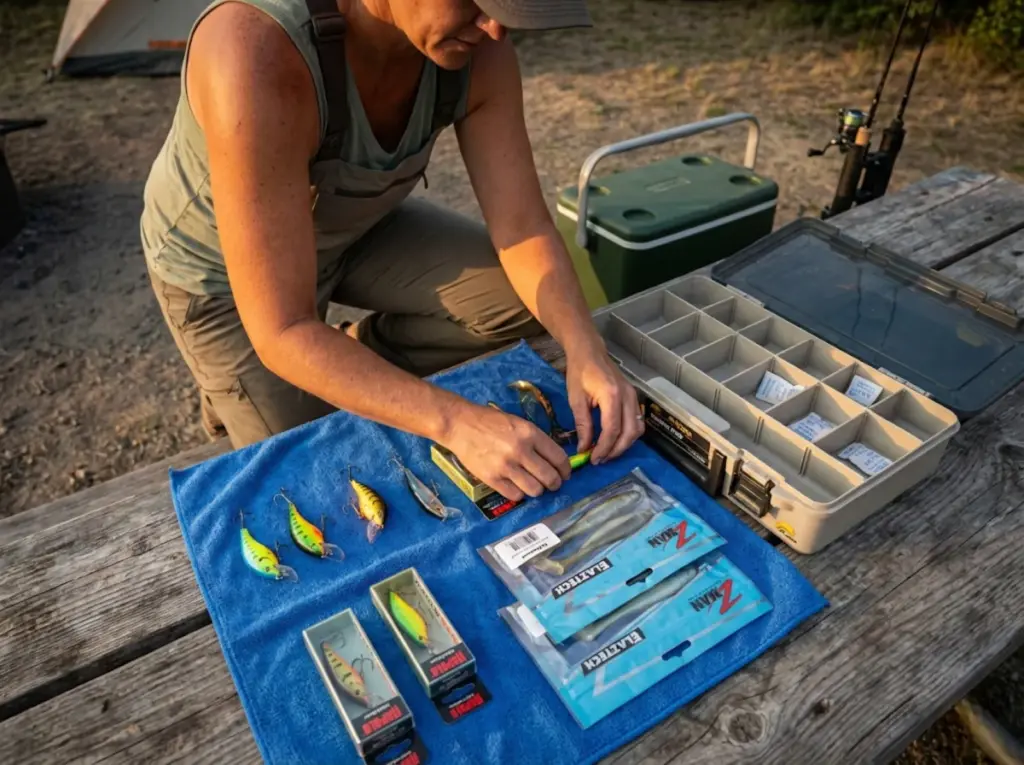 Angler drying and organizing fishing lures to prevent tackle rust damage