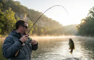 Tennessee’s Hidden Smallmouth Rivers Most Anglers Miss Angler fighting jumping smallmouth bass on a misty Tennessee river at dawn