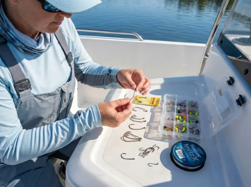 Angler sorting Aberdeen hooks and tungsten weights on a boat console for live minnow rigging