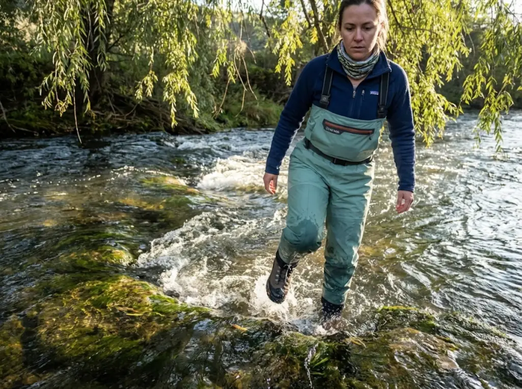 Female angler testing lug sole wading boots crossing fast tailwater on slick bedrock 