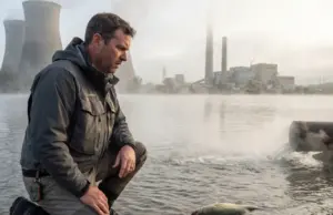 Why Fish Behave Strangely in Thermally Polluted Water Angler observing disoriented fish near power plant thermal discharge plume with steam rising