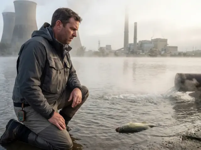 thermal-pollution-fish-behavior-hero Angler observing disoriented fish near power plant thermal discharge plume with steam rising