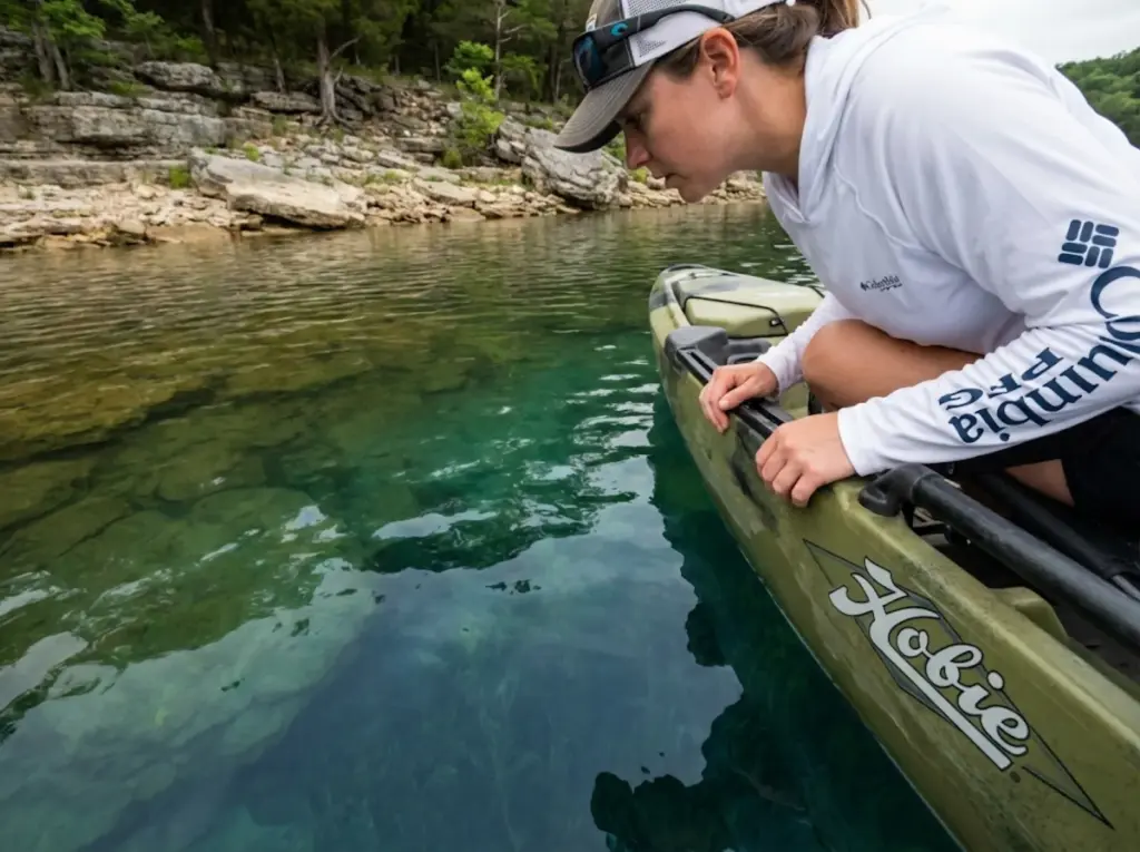 Female kayak angler peering into clear stratified lake water showing temperature layers