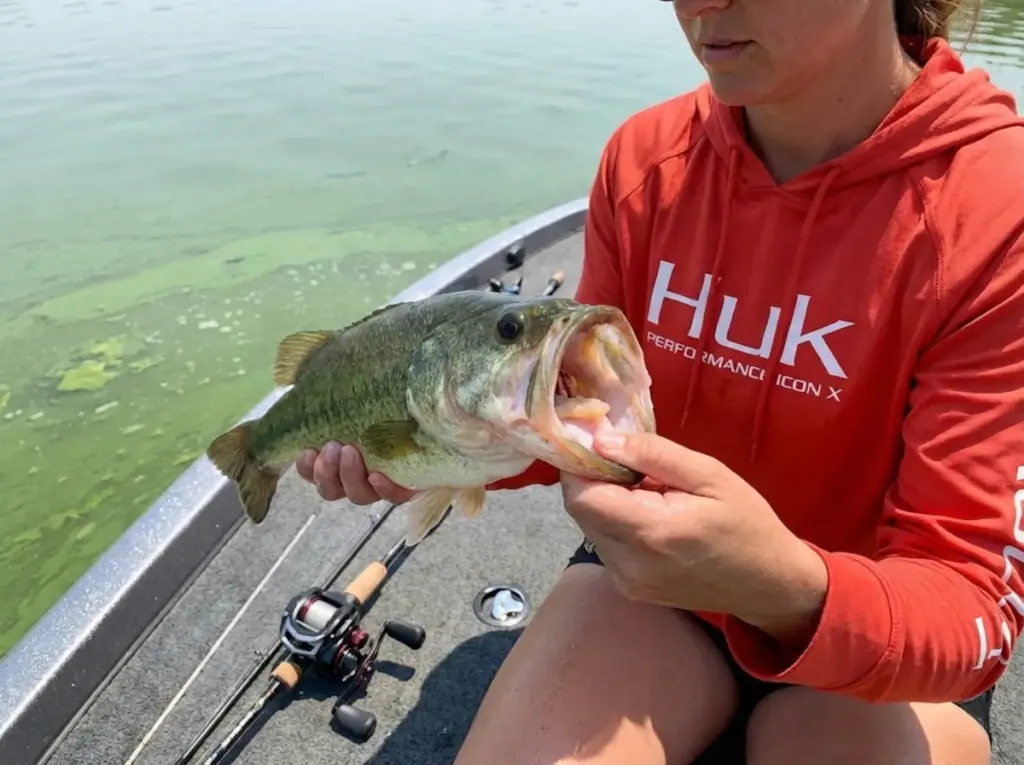 Angler holding exhausted bass with gaping mouth showing signs of thermal metabolic stress