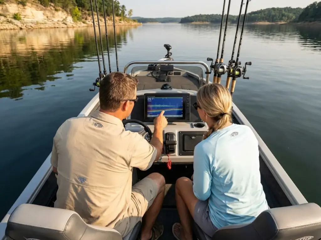 Two anglers studying Garmin fish finder display showing thermocline fuzzy line on summer reservoir