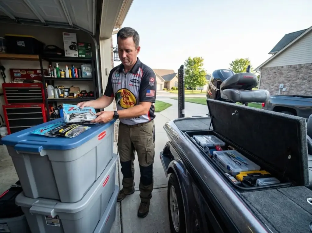 Tournament angler loading soft plastic binders from home storage totes into bass boat