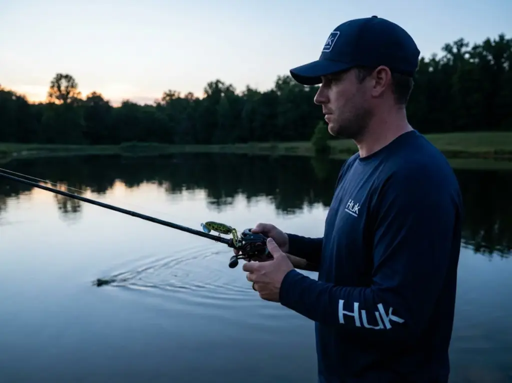 Angler fishing Jitterbug topwater for channel catfish at dusk
