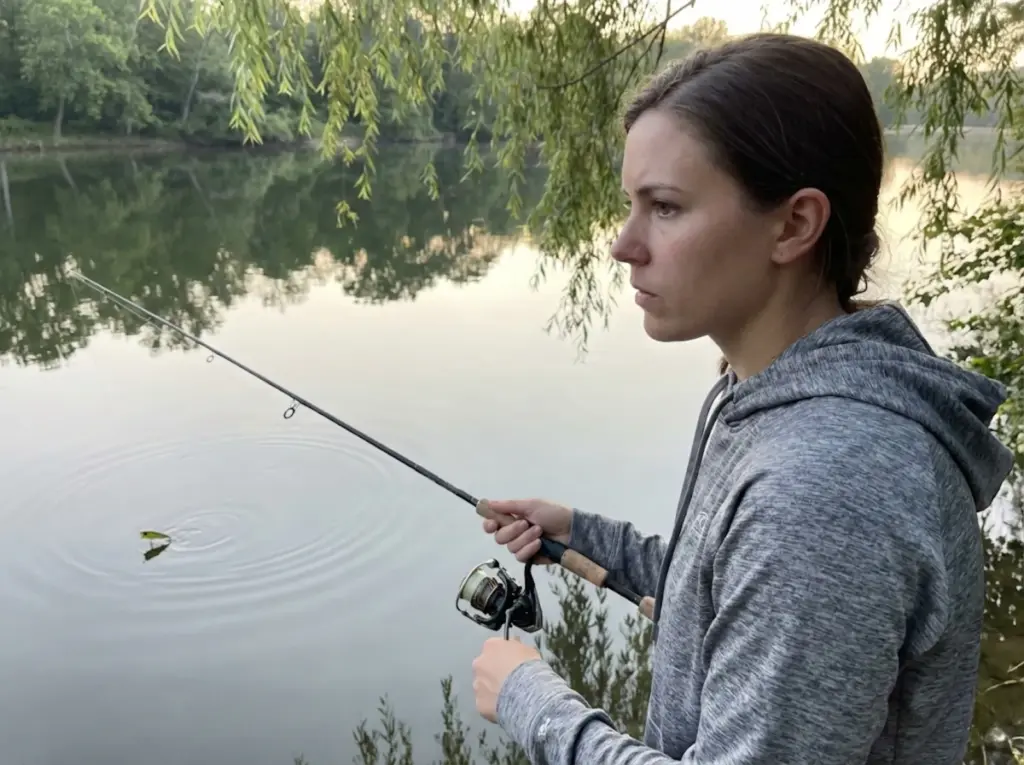 Angler working topwater lure along shaded Tennessee river bank at dawn