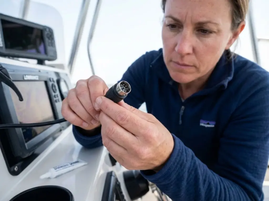 Angler inspecting transducer connector pins for corrosion with dielectric grease nearby