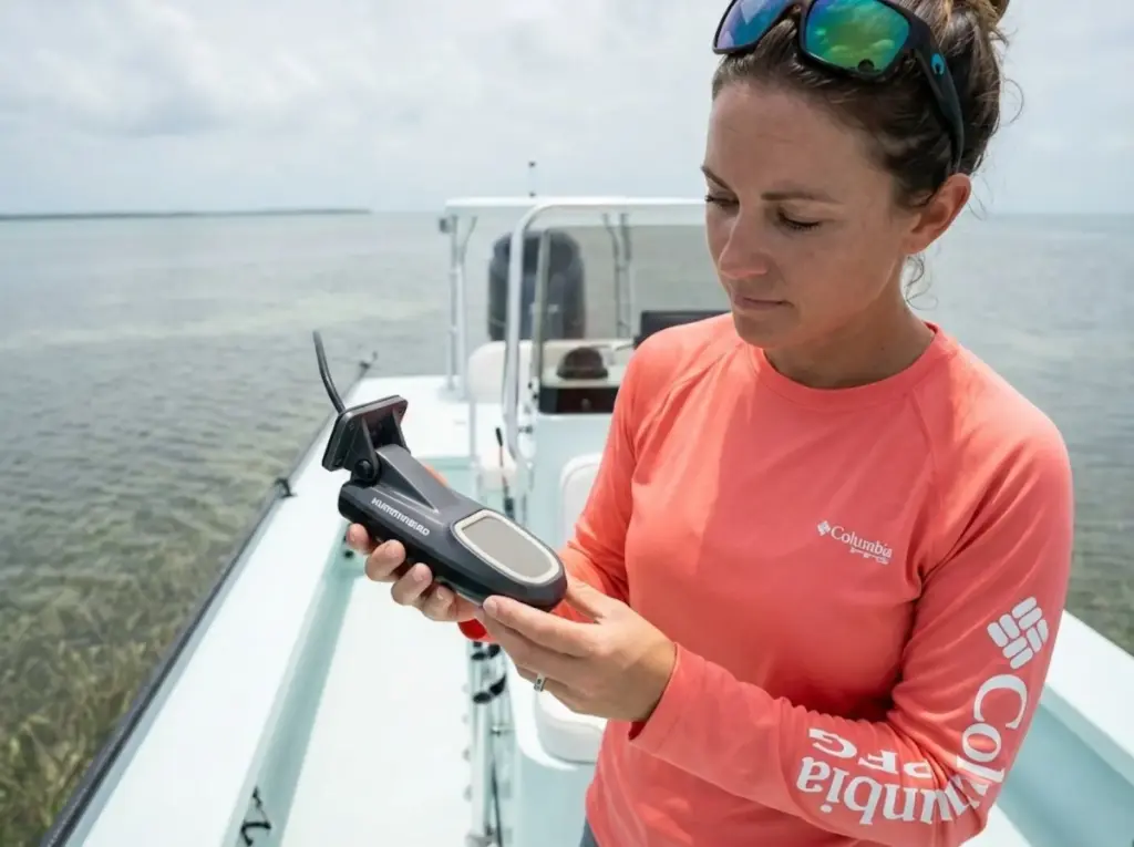 Angler examining Humminbird transducer face for damage on flats boat