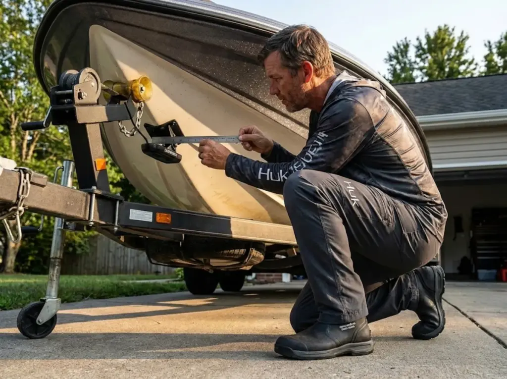 Angler measuring transducer kickdown angle with ruler on trailered boat