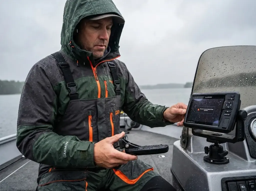 Angler performing transducer ticking test during on-water troubleshooting in rain