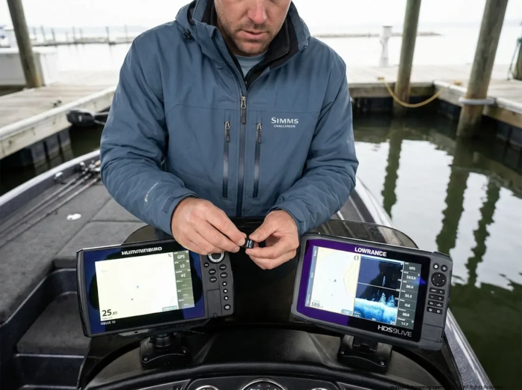 Angler transferring SD card between Humminbird HELIX and Lowrance HDS fish finders to move waypoints