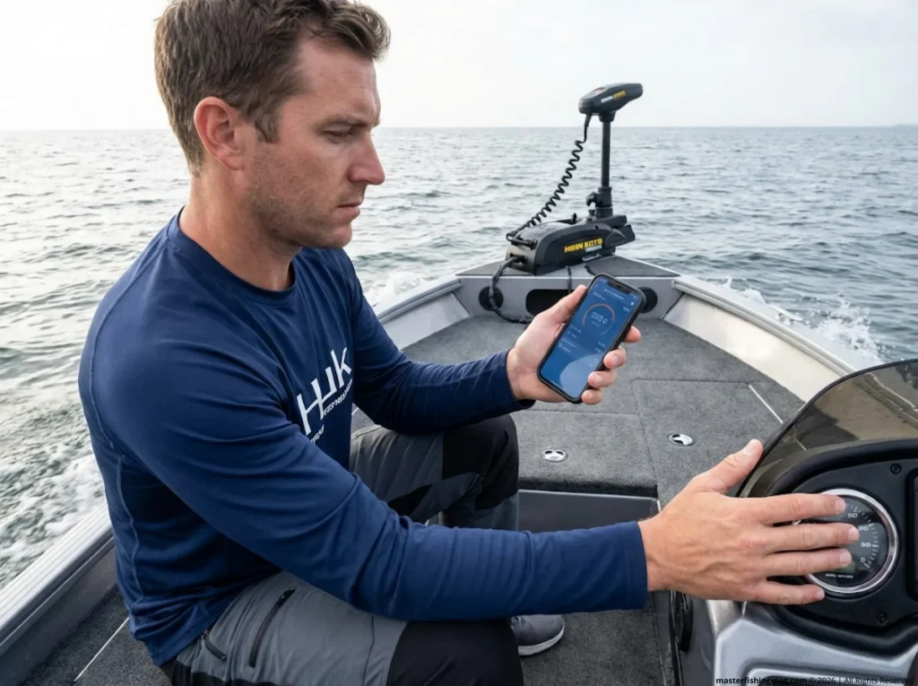 Angler checking Victron SmartShunt app to monitor trolling motor battery capacity in real time