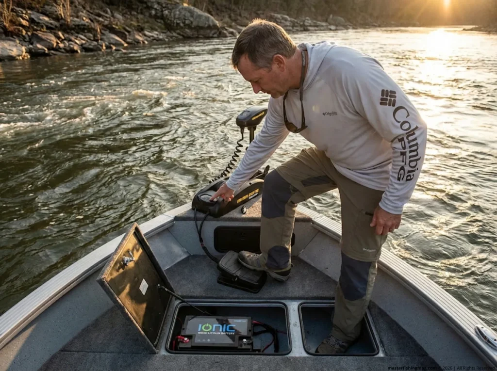 Angler using Minn Kota Quest Spot-Lock on river current powered by Ionic lithium trolling motor battery